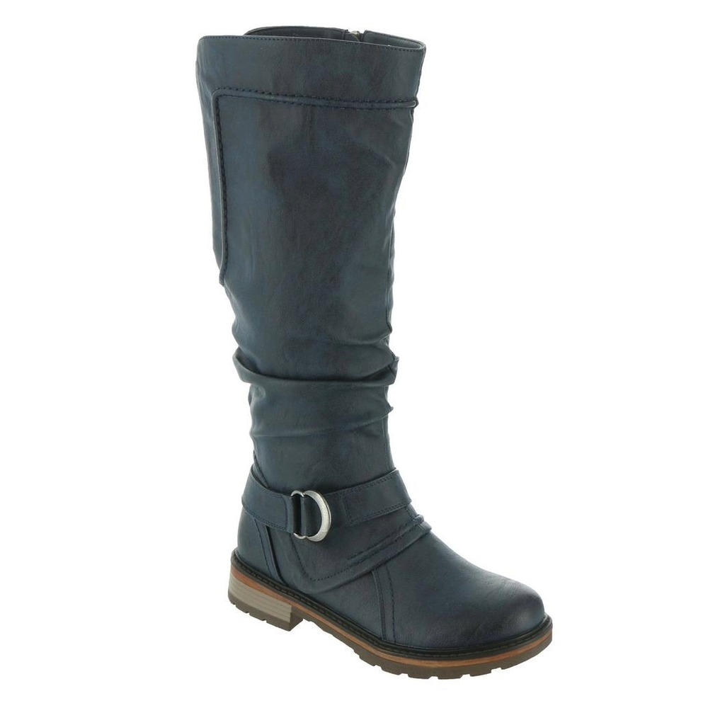 Wanderlust Fiona blue vegan leather high boots women 7.5 slouchy Moto buckle zip